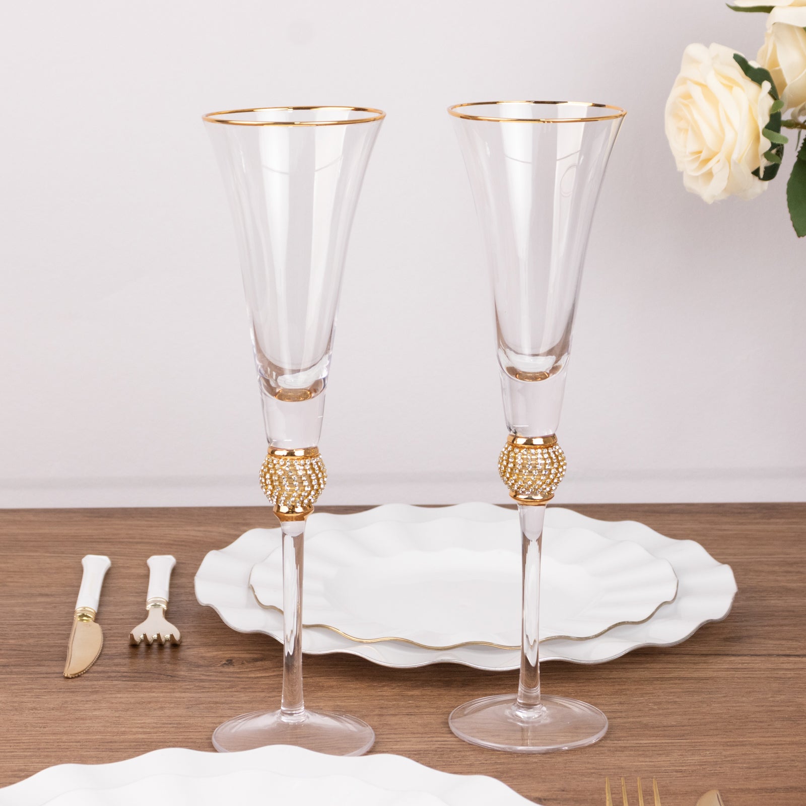 6-Pack Clear Champagne Flute Glasses 6oz Gold Rim Design with Studded Rhinestones 11" - Long Stem Crystal Glasses for Toasting & Cocktails